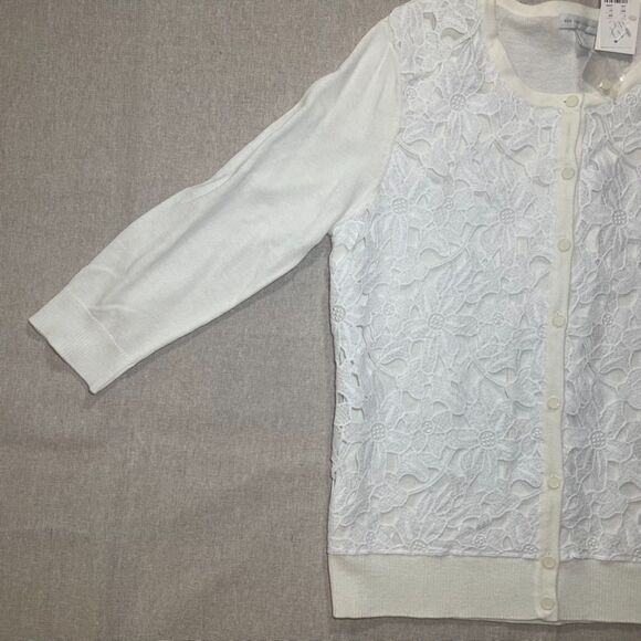 New York & Company | NWT Ivory & White Lace Front 3/4 Sleeve Cardigan | LP - Picture 4 of 8